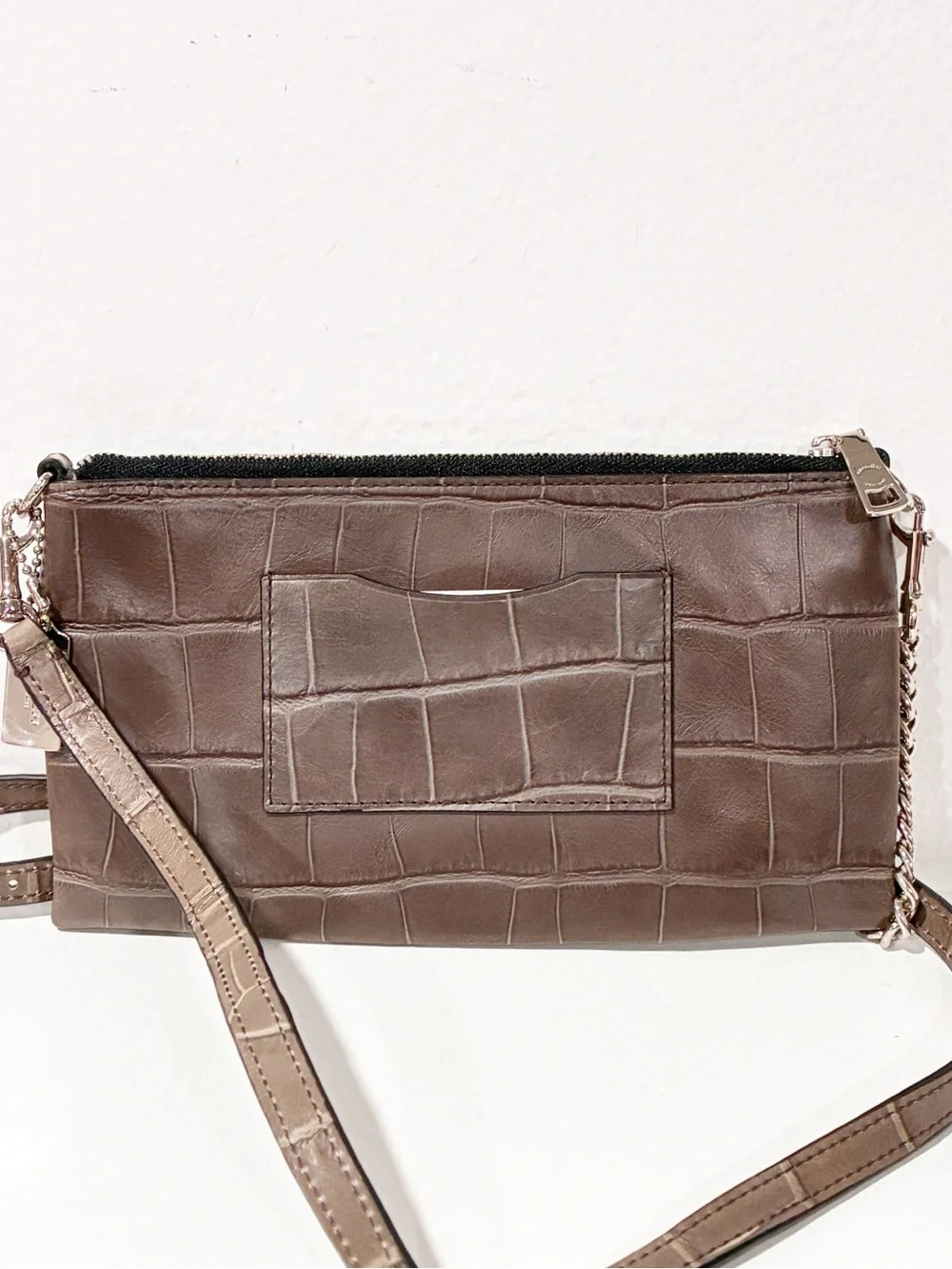 COACH Zip Top KYLIE Crossbody Gray Textural Leather Reptile Print Slim Swing Bag